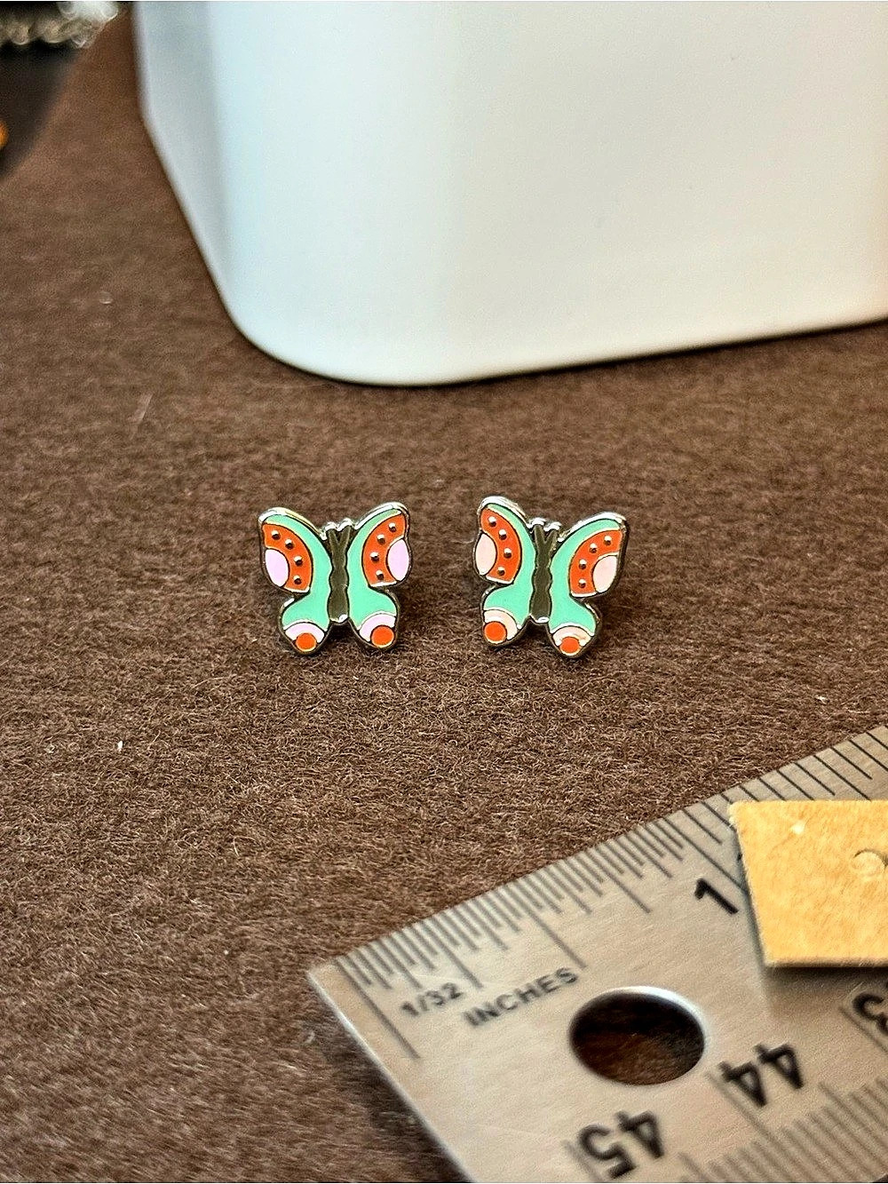 Brighton Butterfly Enamel Earrings in Green & Orange Like New